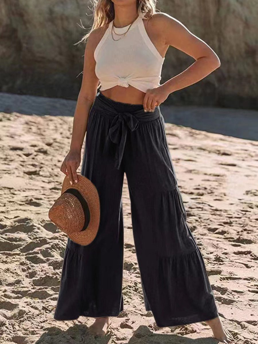 Tied Ruched Wide Leg Pants - Bottoms