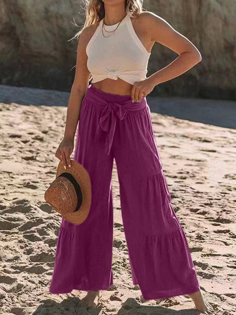 Tied Ruched Wide Leg Pants - Bottoms