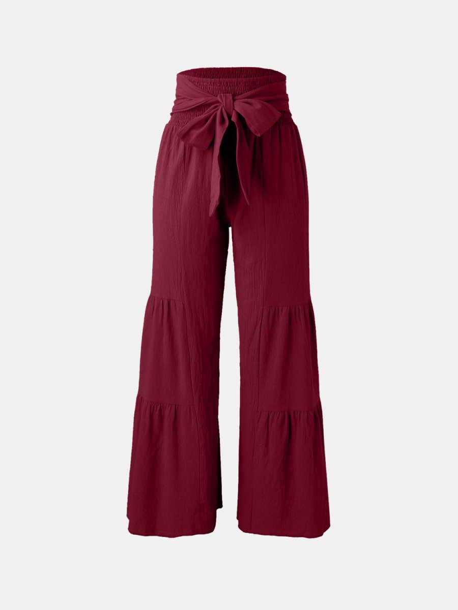 Tied Ruched Wide Leg Pants - Bottoms