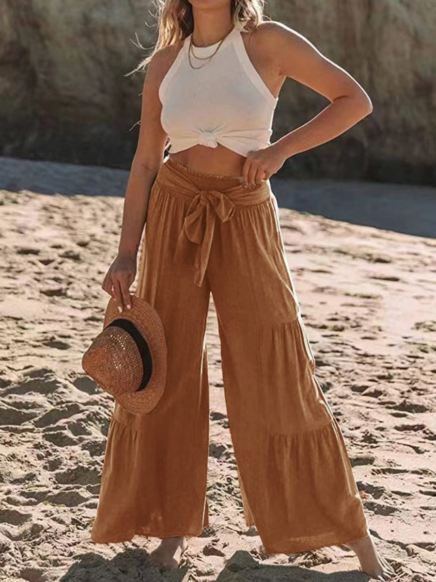 Tied Ruched Wide Leg Pants - Bottoms
