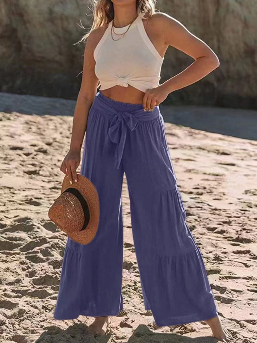 Tied Ruched Wide Leg Pants - Bottoms