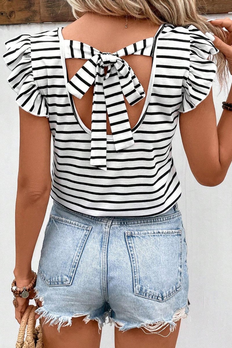 Tied Striped V - Neck Cap Sleeve T-Shirt - Top