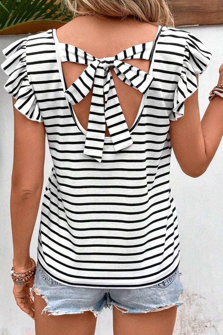 Tied Striped V - Neck Cap Sleeve T-Shirt - Top