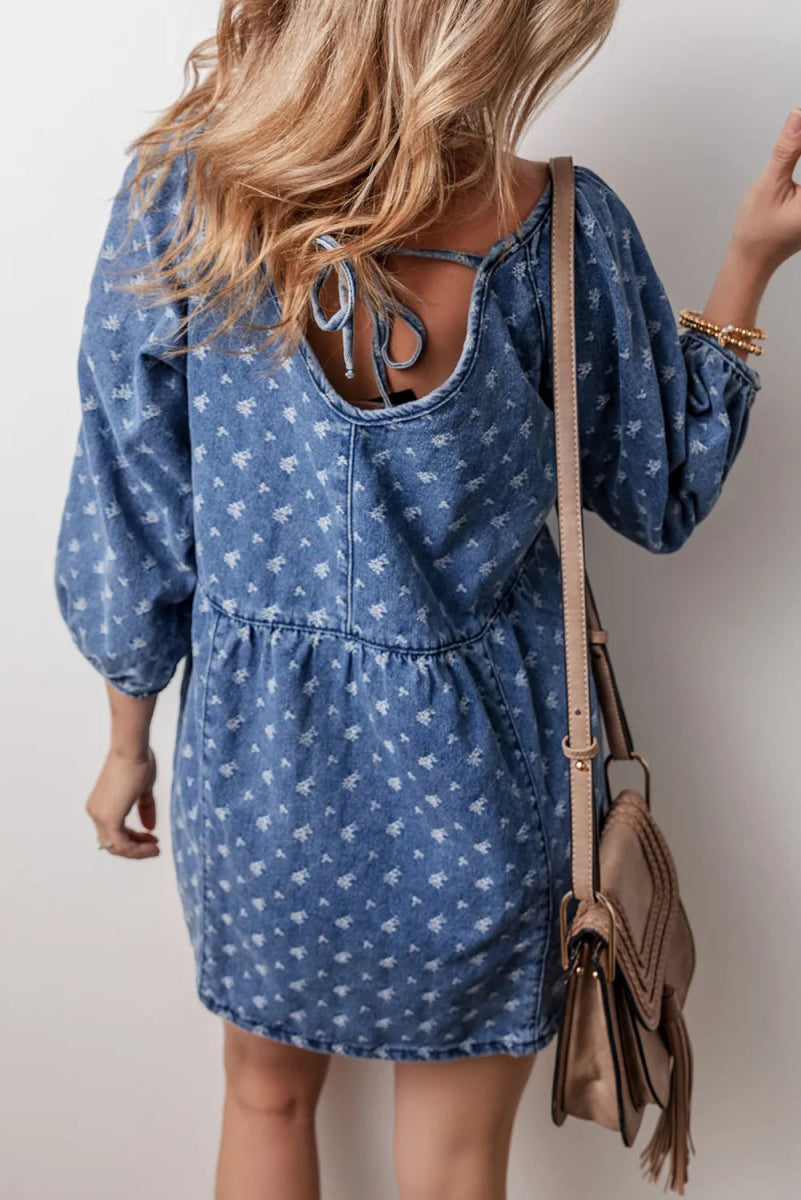 Tied V - Neck Mini Denim Dress - Denim Dress