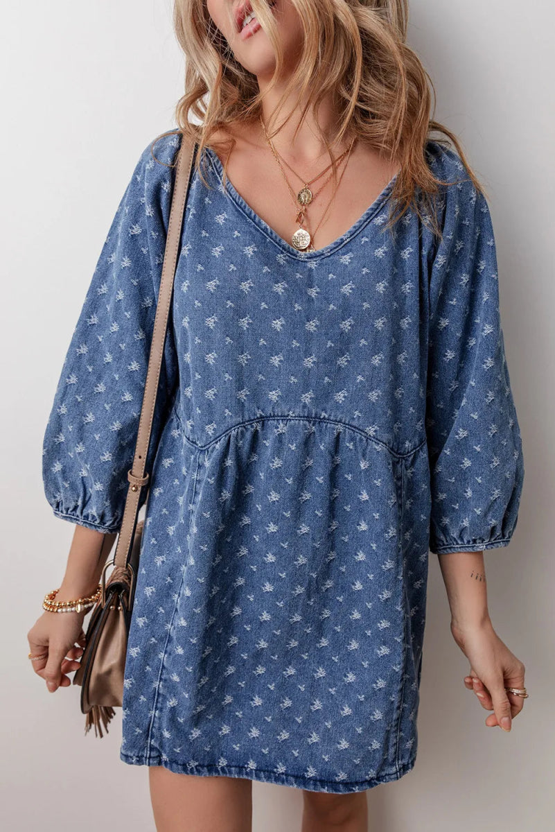 Tied V - Neck Mini Denim Dress - Denim Dress