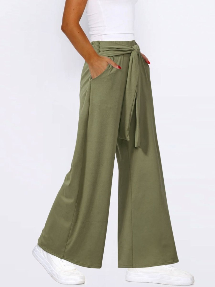 Tied Wide Leg Pants with Pockets - Bottoms