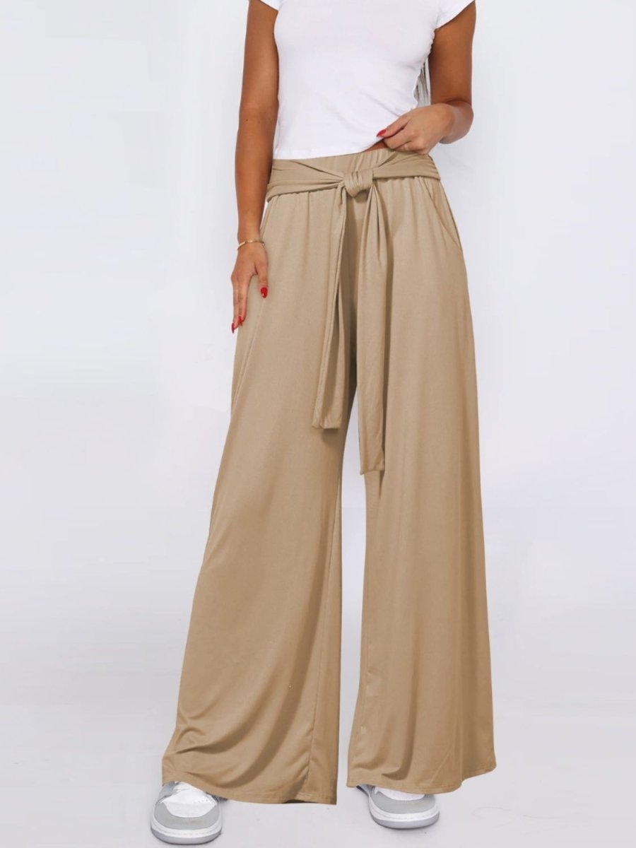 Tied Wide Leg Pants with Pockets - Bottoms