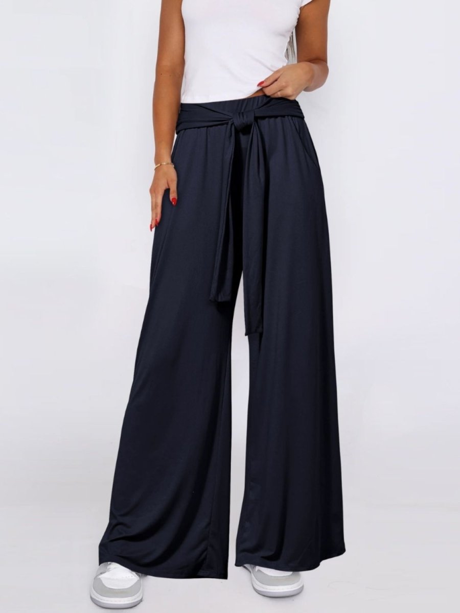 Tied Wide Leg Pants with Pockets - Bottoms