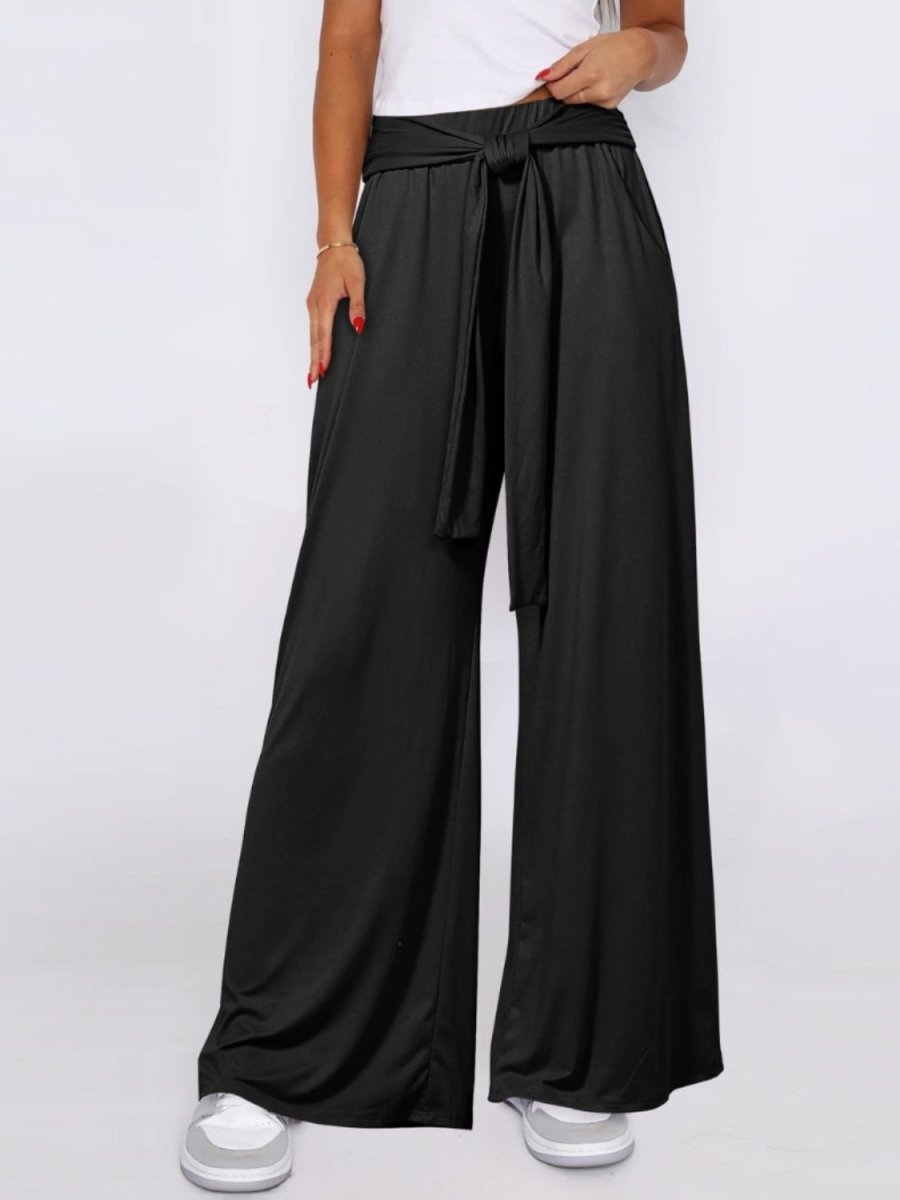 Tied Wide Leg Pants with Pockets - Bottoms