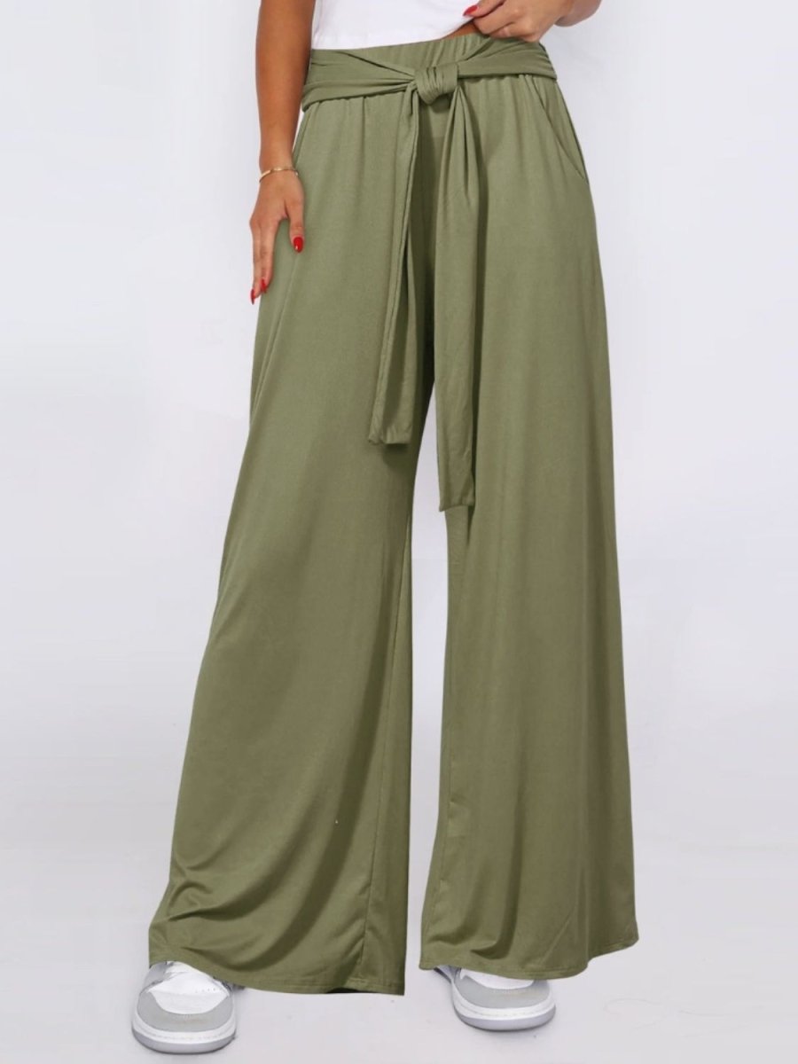 Tied Wide Leg Pants with Pockets - Bottoms