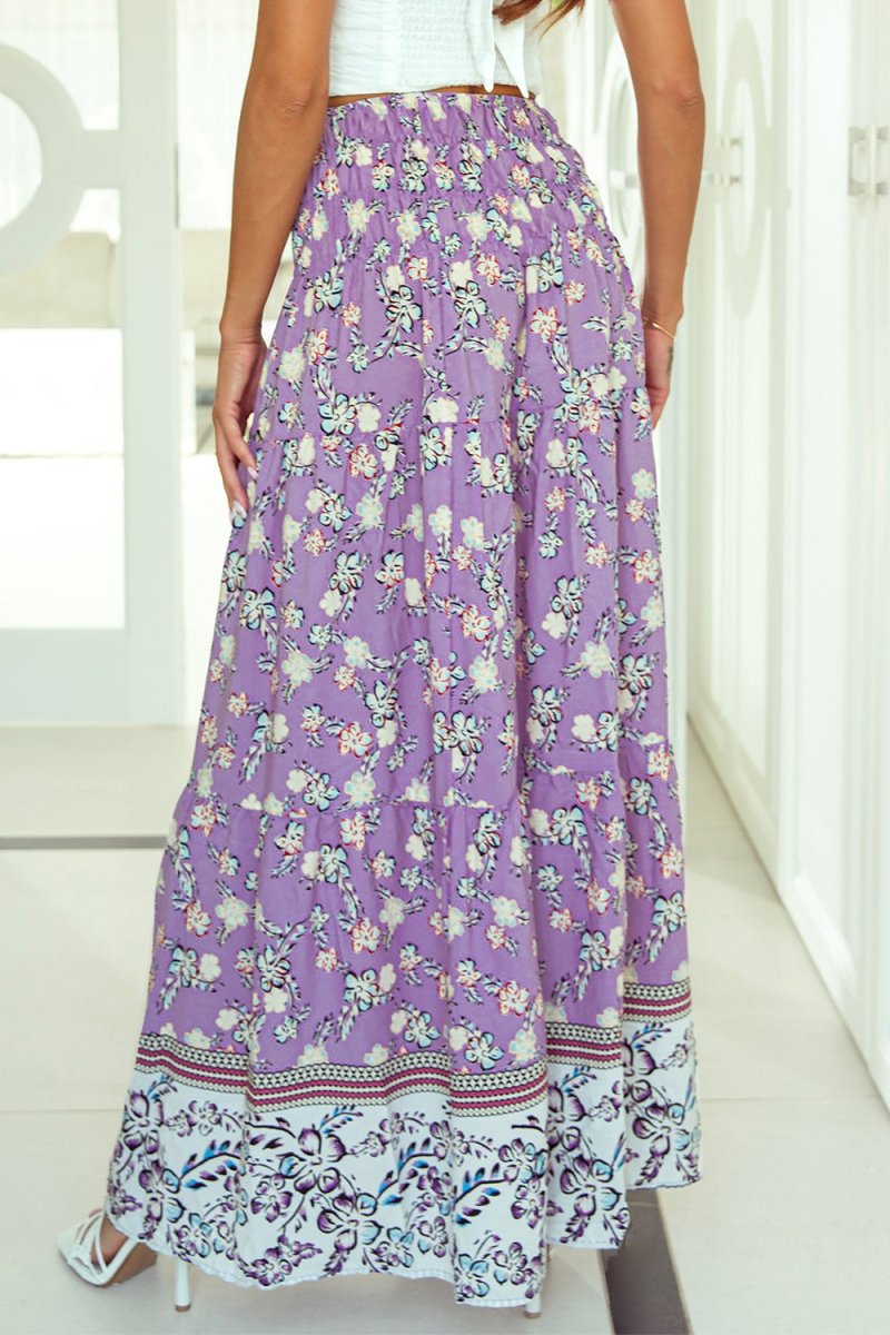 Tiered Printed Elastic Waist Skirt - Bottoms