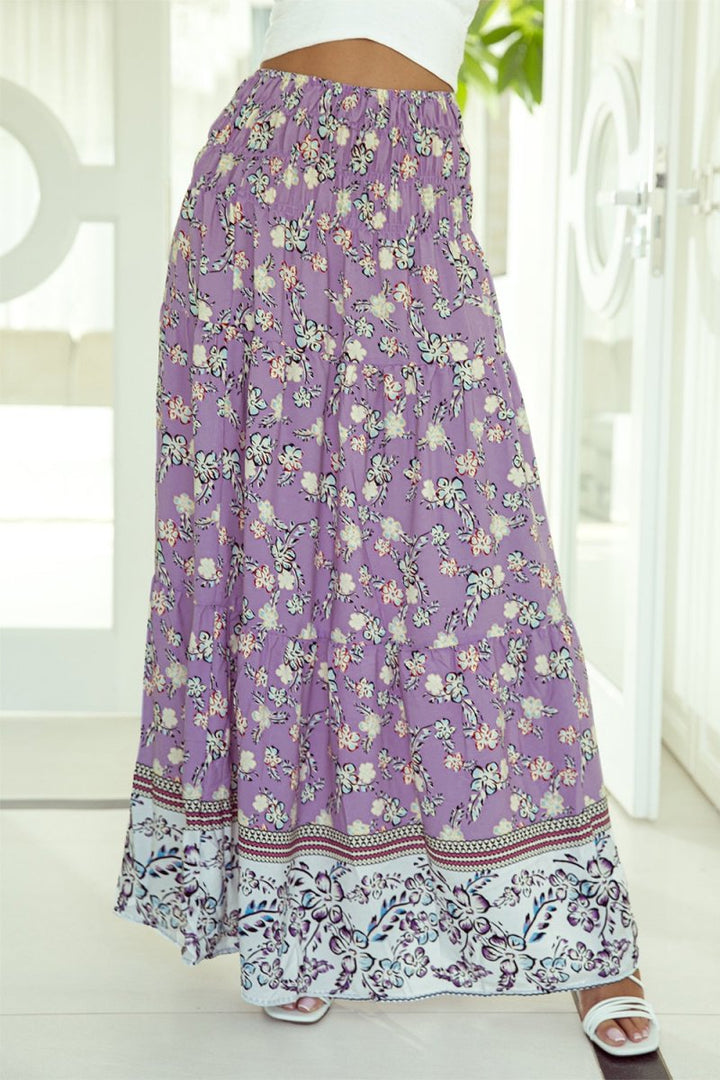 Tiered Printed Elastic Waist Skirt - Bottoms