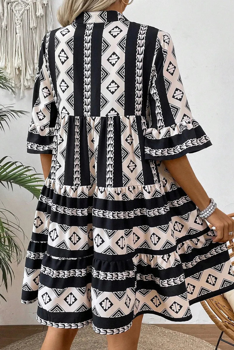 Tiered Printed Notched Half Sleeve Dress - Day Dress