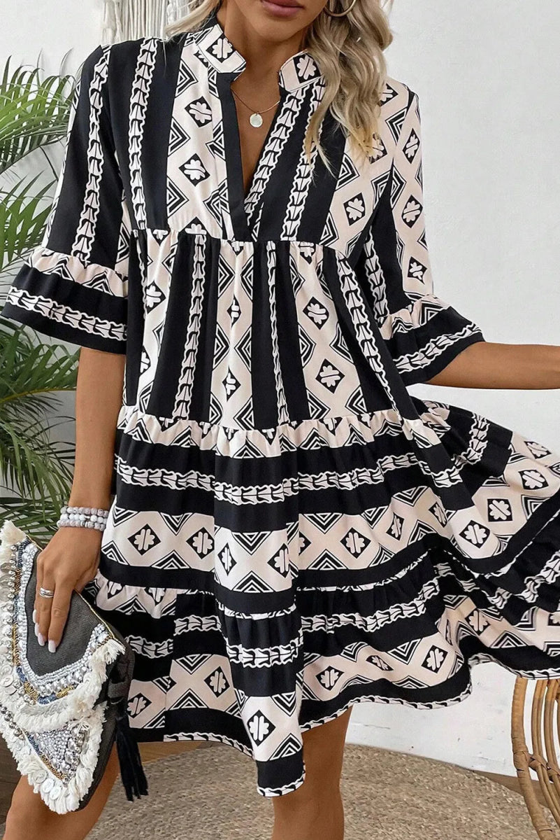 Tiered Printed Notched Half Sleeve Dress - Day Dress