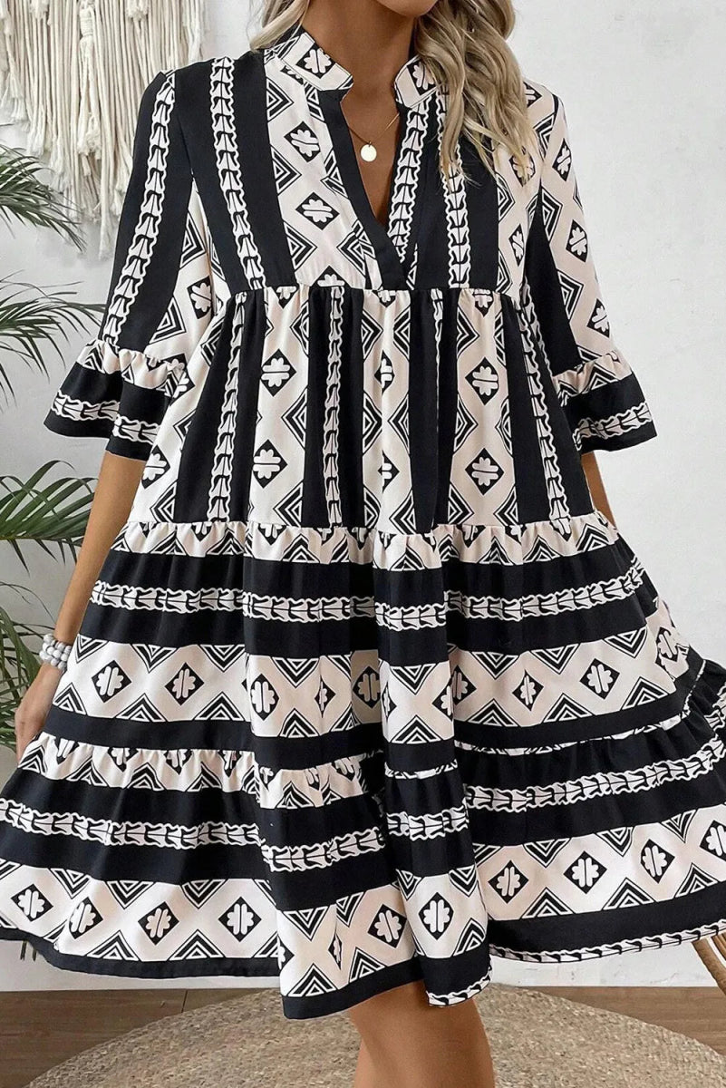 Tiered Printed Notched Half Sleeve Dress - Day Dress