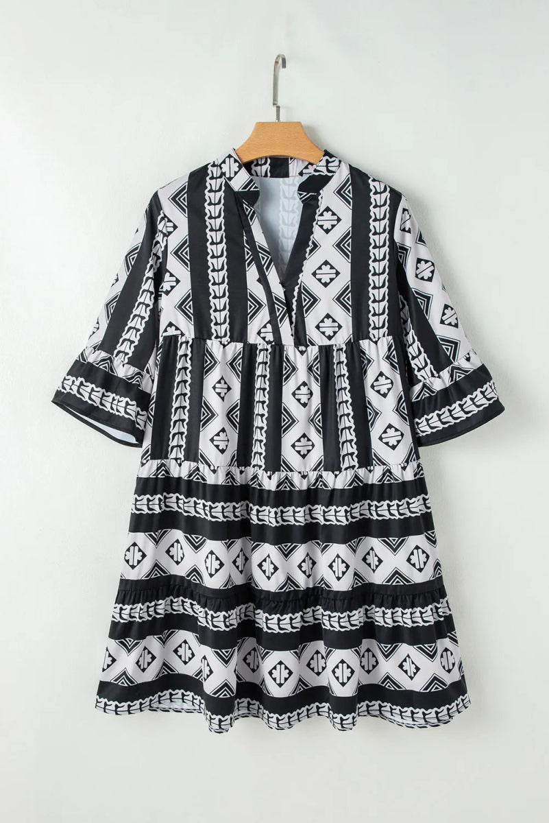 Tiered Printed Notched Half Sleeve Dress - Day Dress