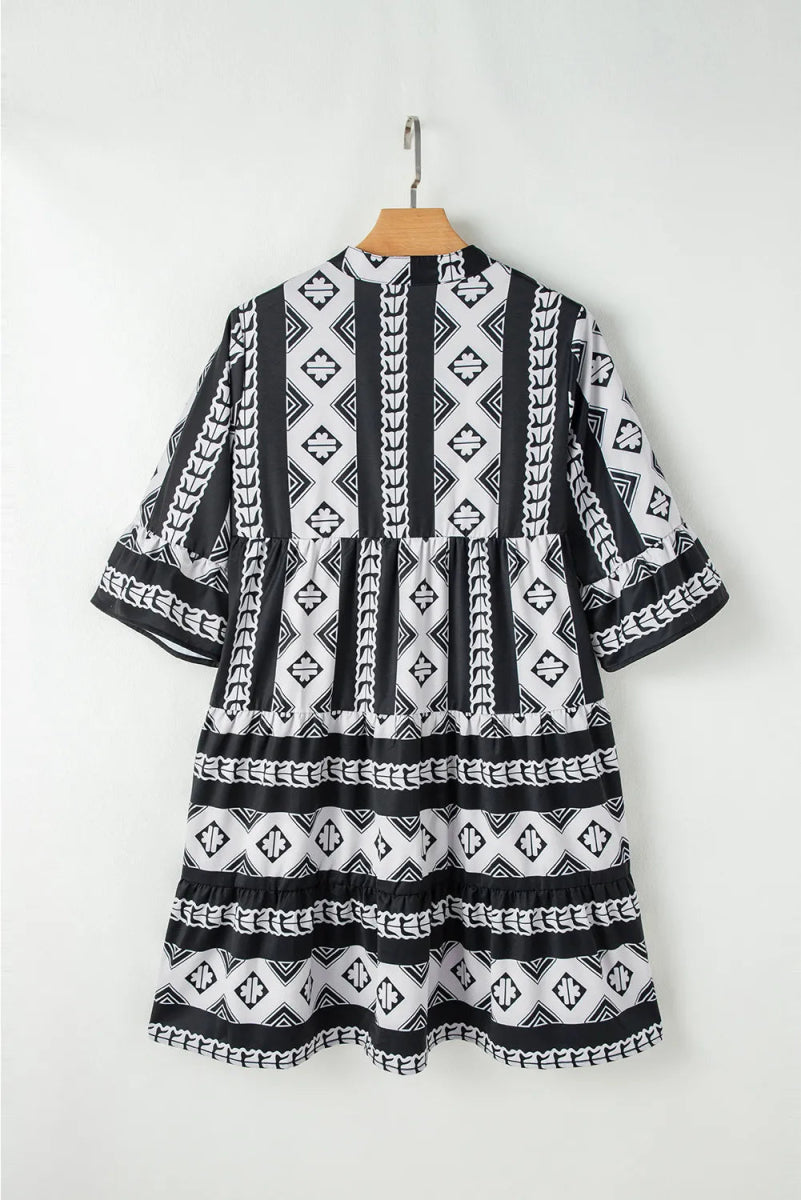 Tiered Printed Notched Half Sleeve Dress - Day Dress
