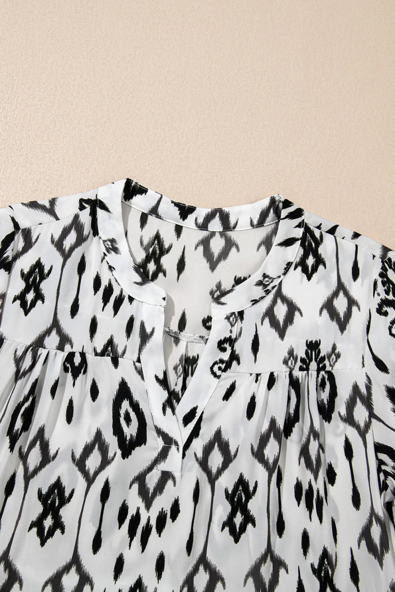 Tiered Printed Notched Long Sleeve Midi Dress - Casual Dress