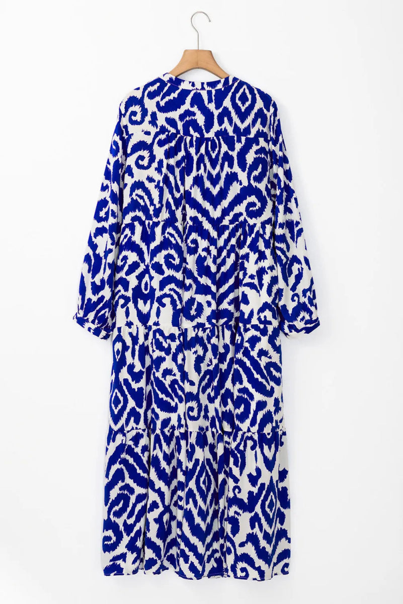 Tiered Printed Notched Long Sleeve Midi Dress - Casual Dress