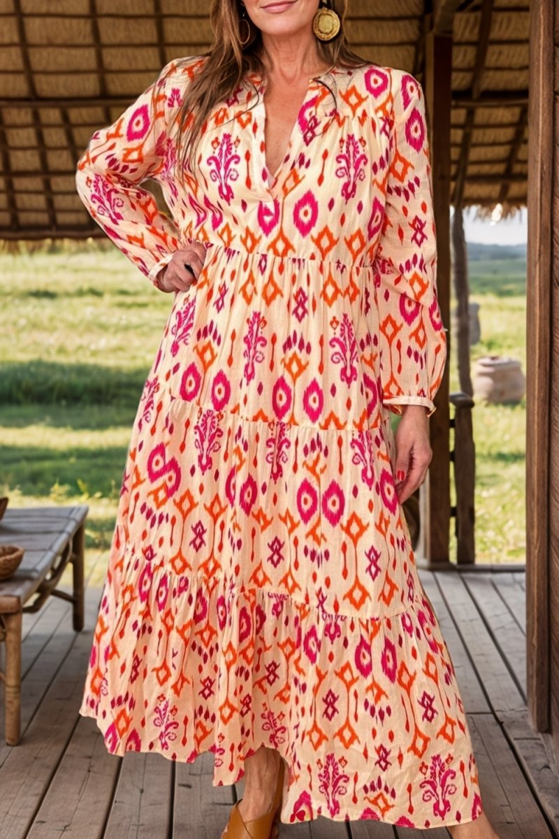 Tiered Printed Notched Long Sleeve Midi Dress - Casual Dress