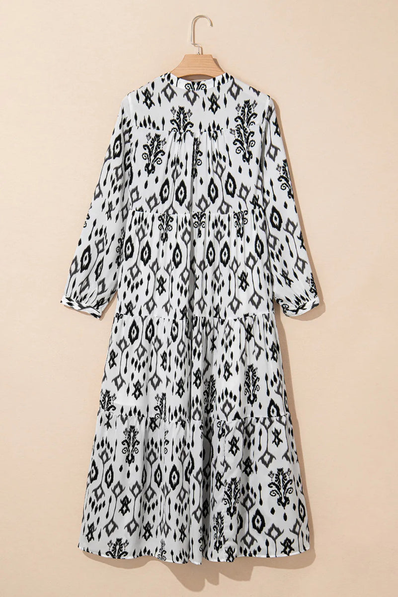 Tiered Printed Notched Long Sleeve Midi Dress - Casual Dress