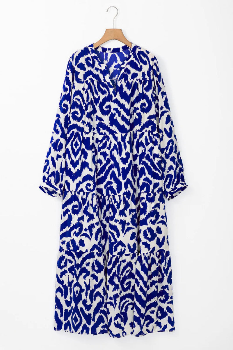 Tiered Printed Notched Long Sleeve Midi Dress - Casual Dress
