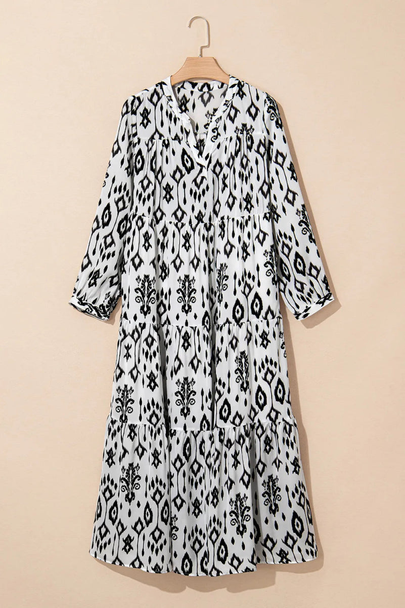 Tiered Printed Notched Long Sleeve Midi Dress - Casual Dress