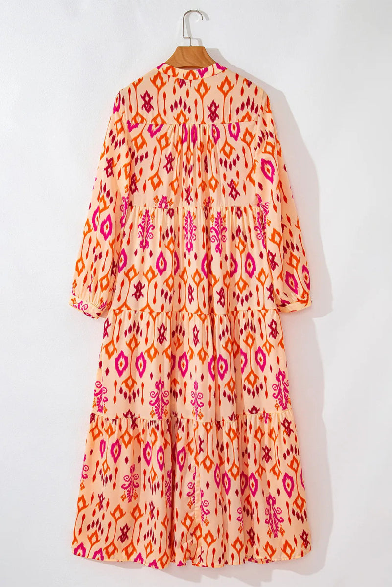 Tiered Printed Notched Long Sleeve Midi Dress - Casual Dress