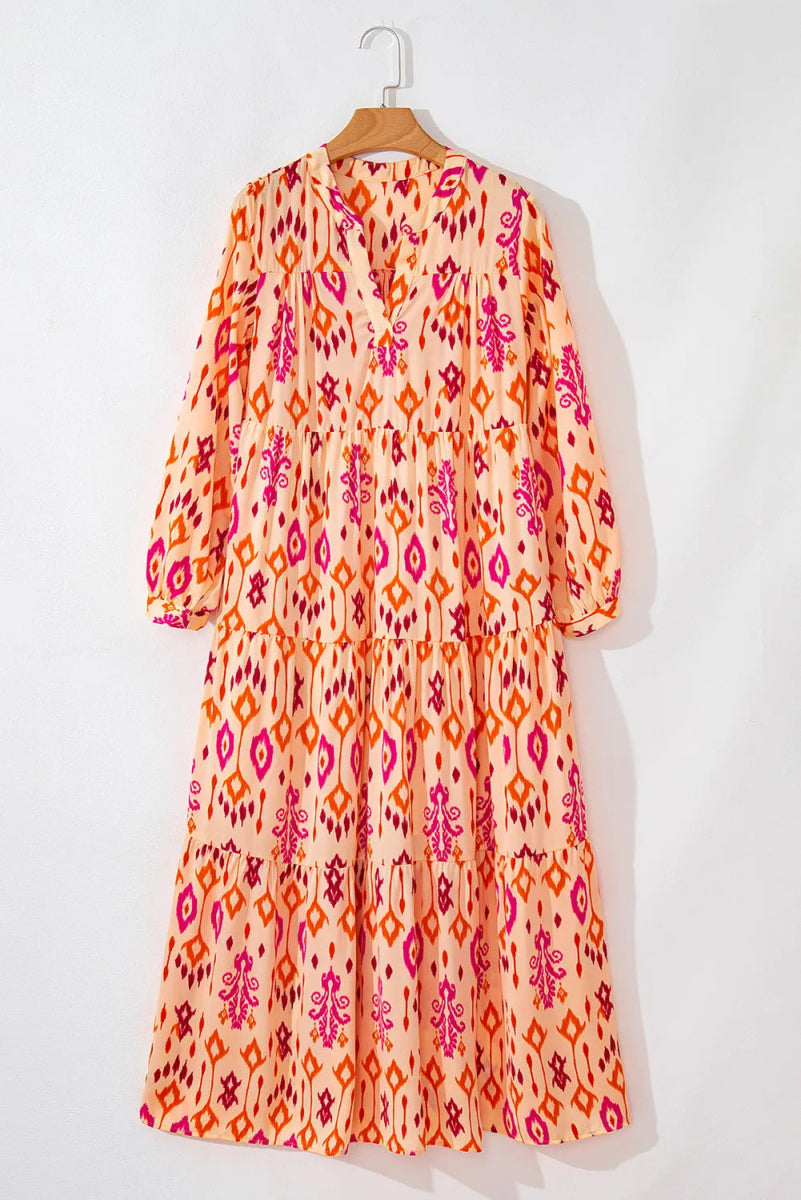Tiered Printed Notched Long Sleeve Midi Dress - Casual Dress