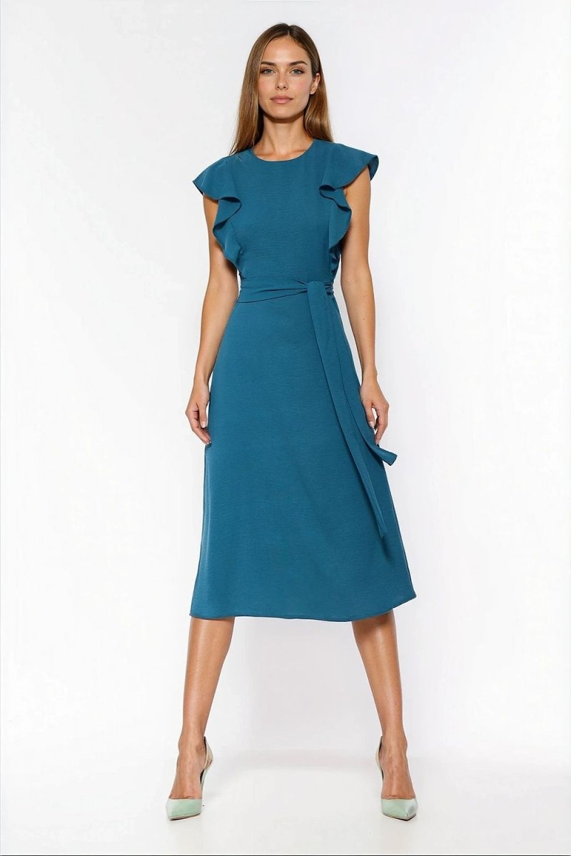 Trapeze Dress with Ruffles - Blue - 