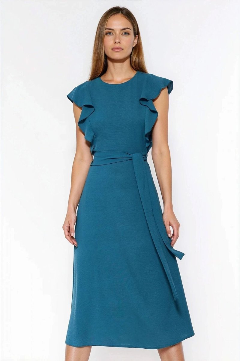 Trapeze Dress with Ruffles - Blue - 