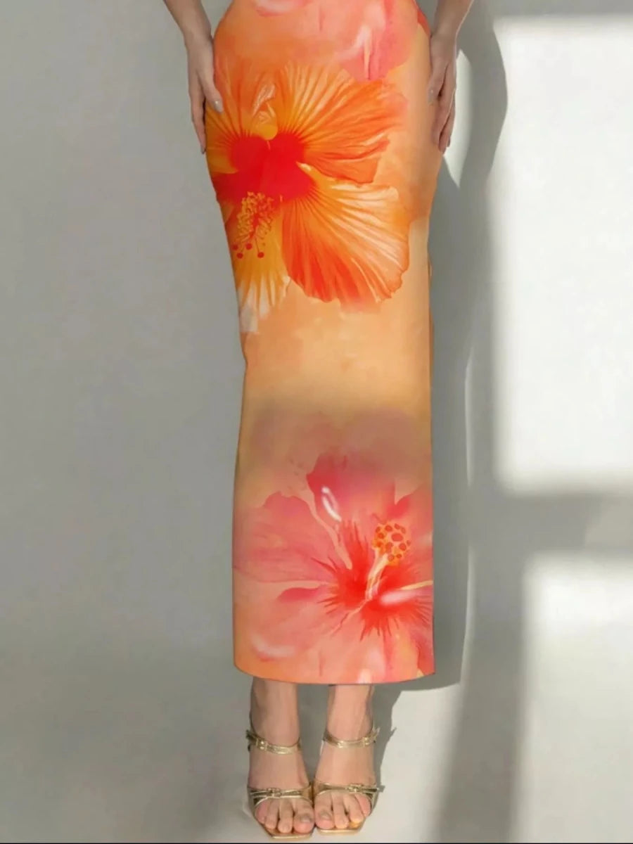 Tropical Flower Print Bodycon Tube Dress - 