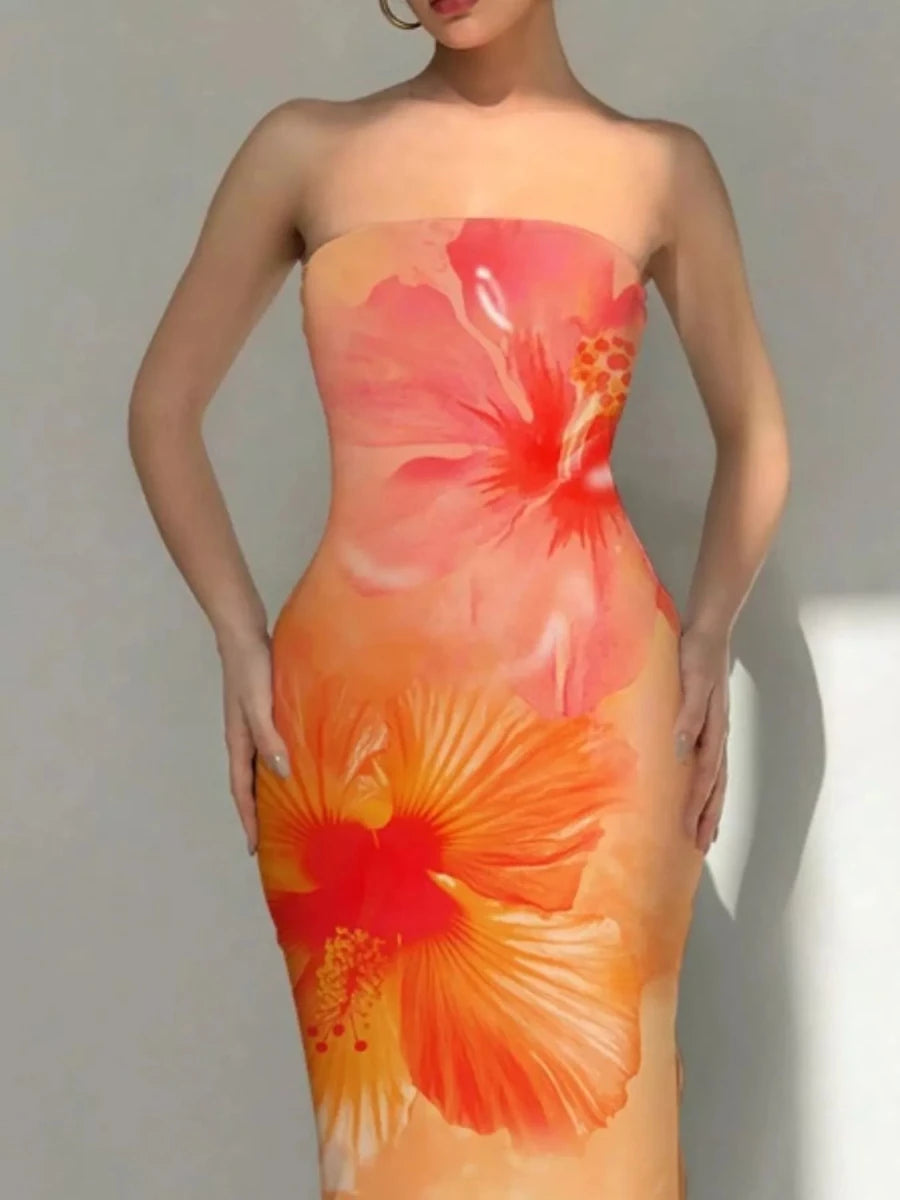Tropical Flower Print Bodycon Tube Dress - 