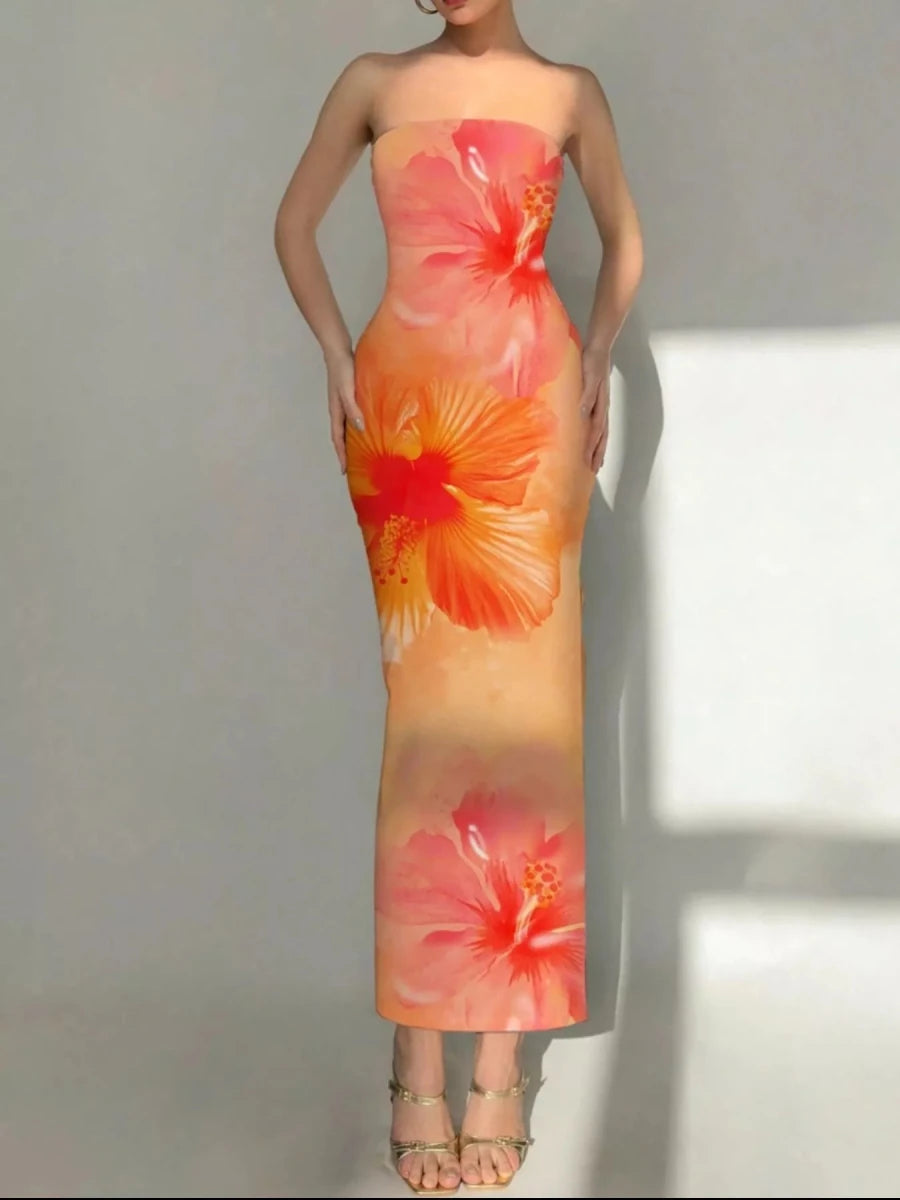 Tropical Flower Print Bodycon Tube Dress - 