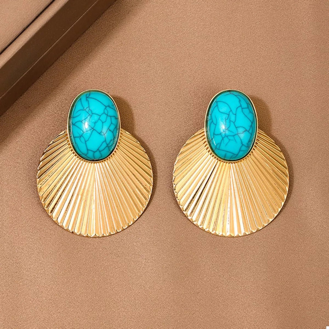 Turquoise Stone Fan Drop Earrings - 