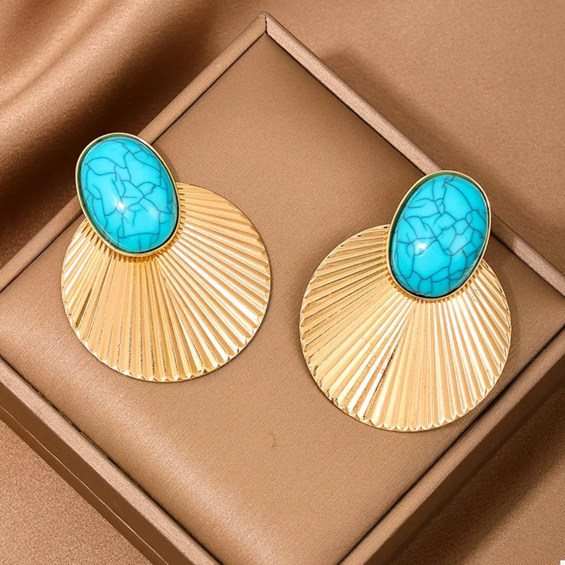 Turquoise Stone Fan Drop Earrings - 