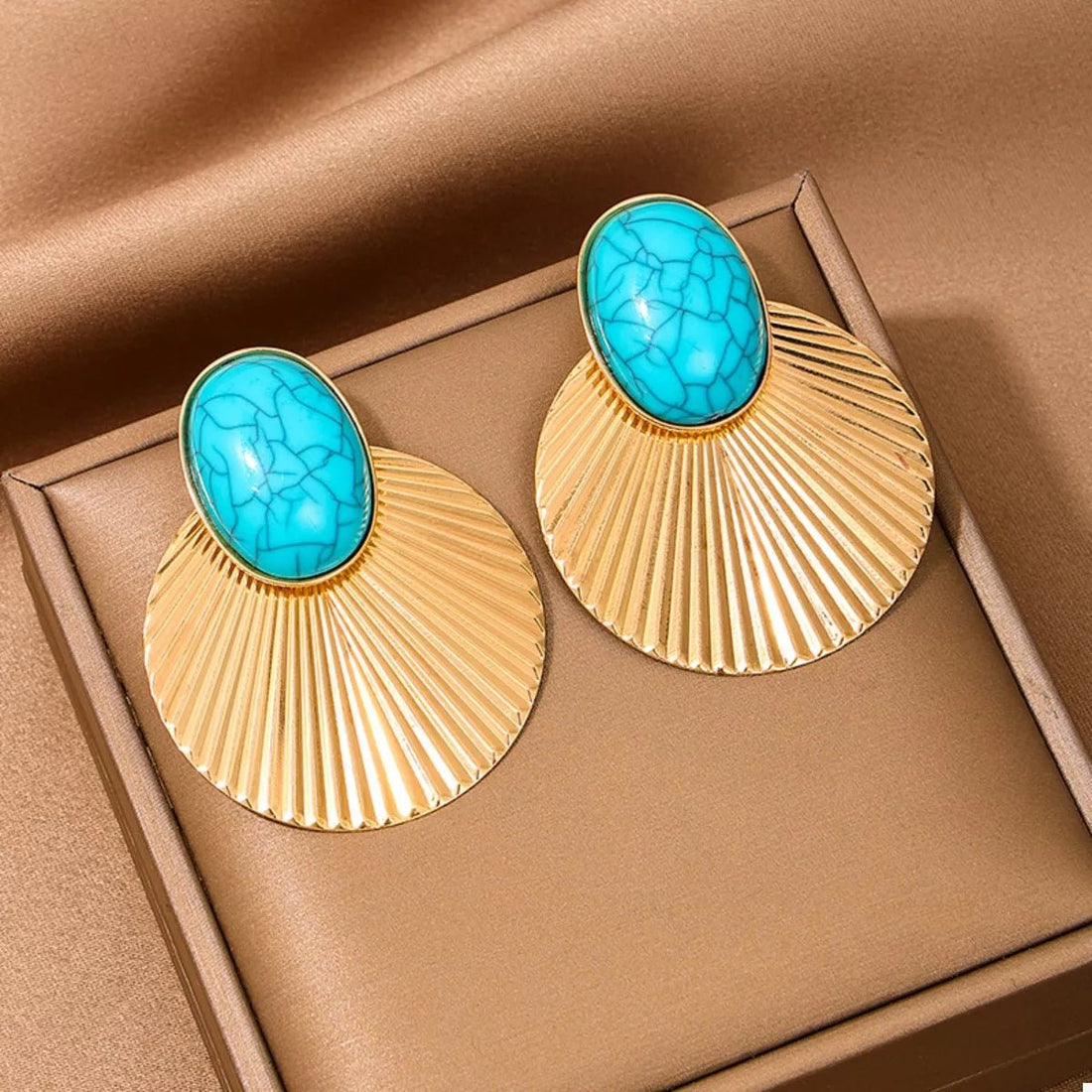 Turquoise Stone Fan Drop Earrings - 