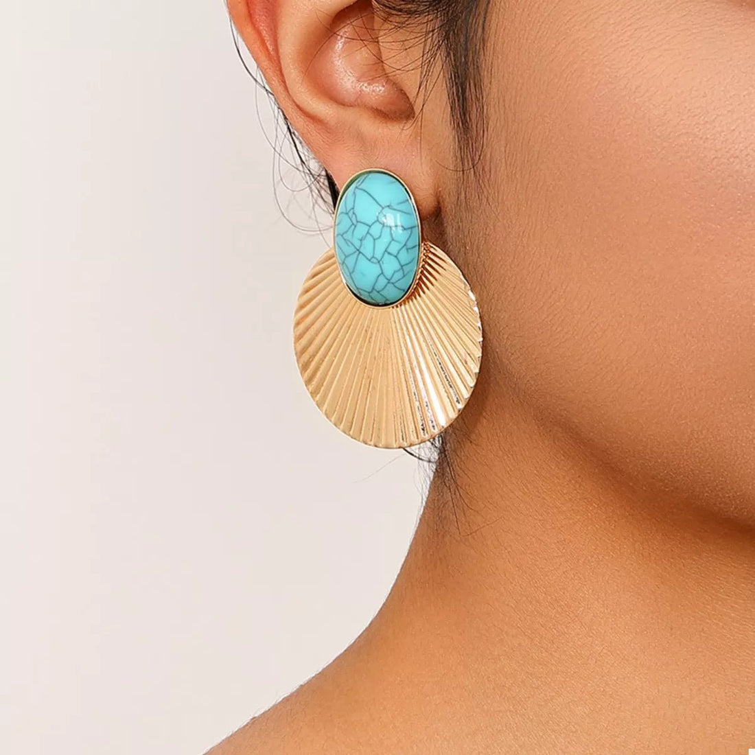 Turquoise Stone Fan Drop Earrings - 