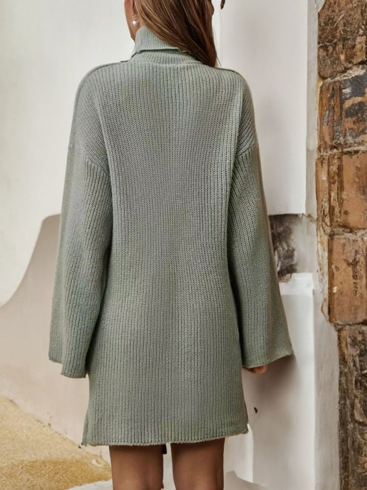 Turtleneck Dropped Shoulder Sweater Dress - Sweater Dress