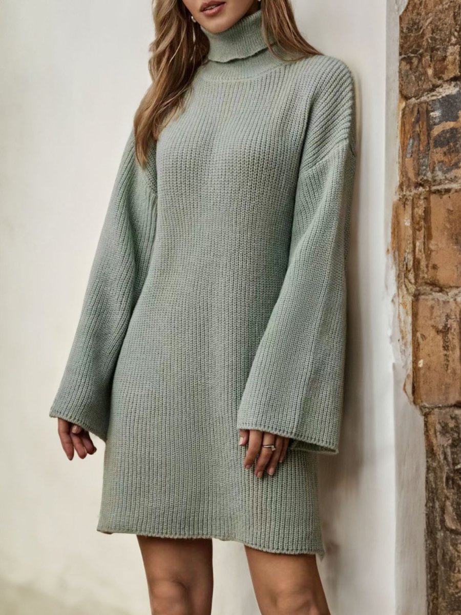 Turtleneck Dropped Shoulder Sweater Dress - Sweater Dress