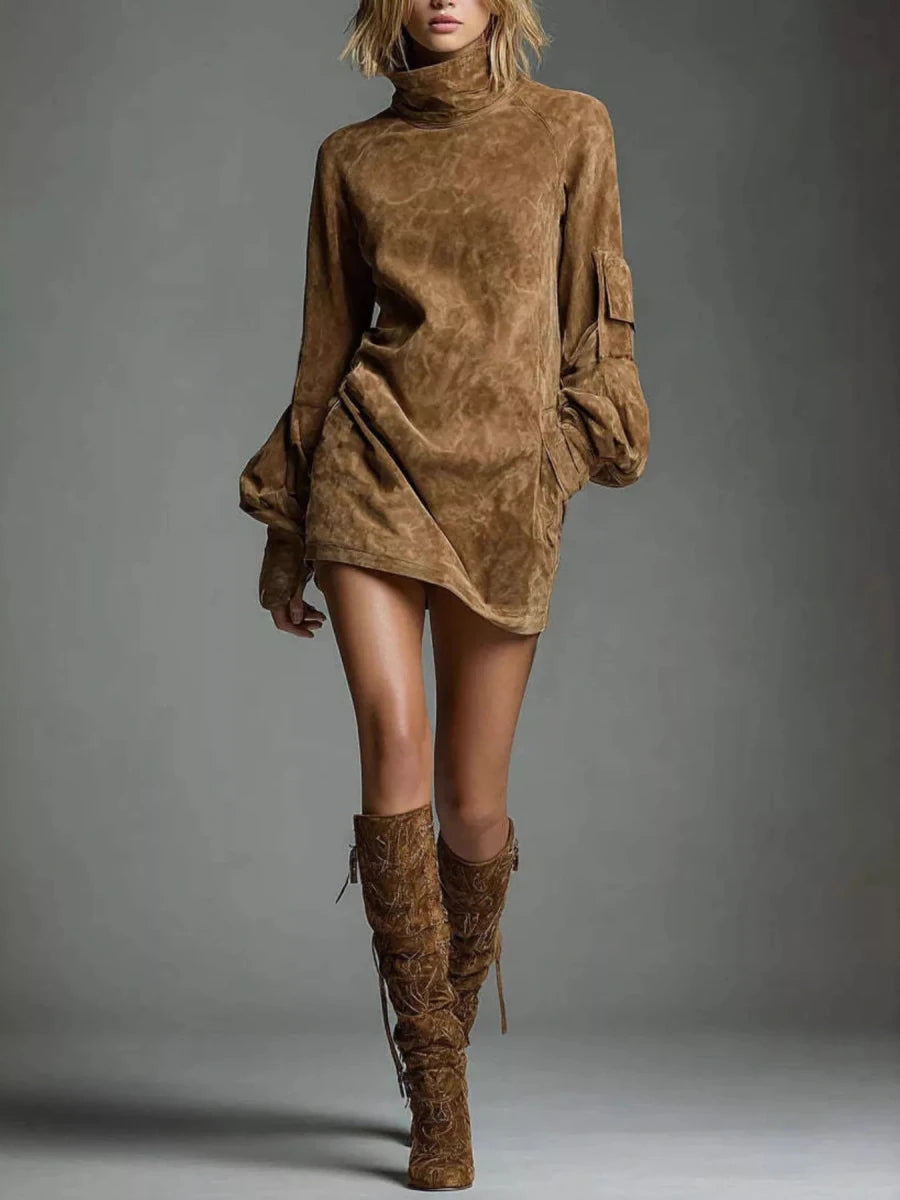 Turtleneck Lantern Sleeve Mini Dress - 