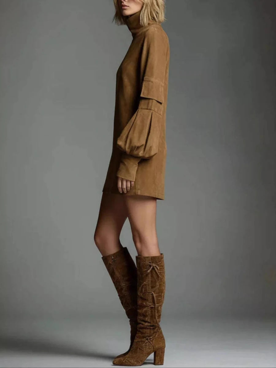 Turtleneck Lantern Sleeve Mini Dress - 