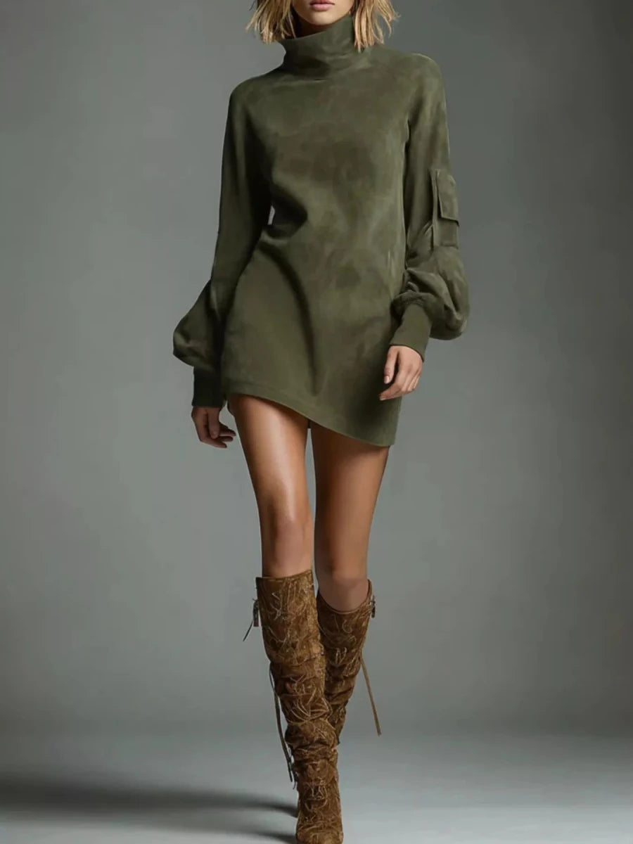 Turtleneck Lantern Sleeve Mini Dress - 