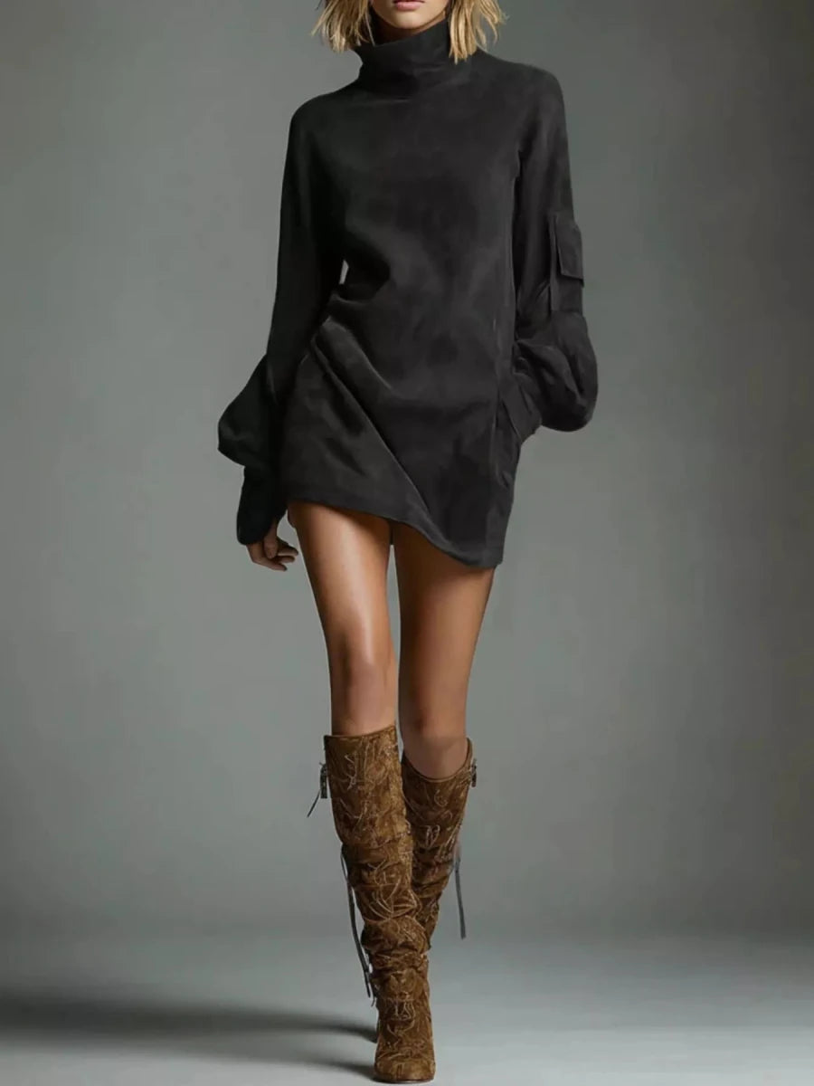 Turtleneck Lantern Sleeve Mini Dress - 