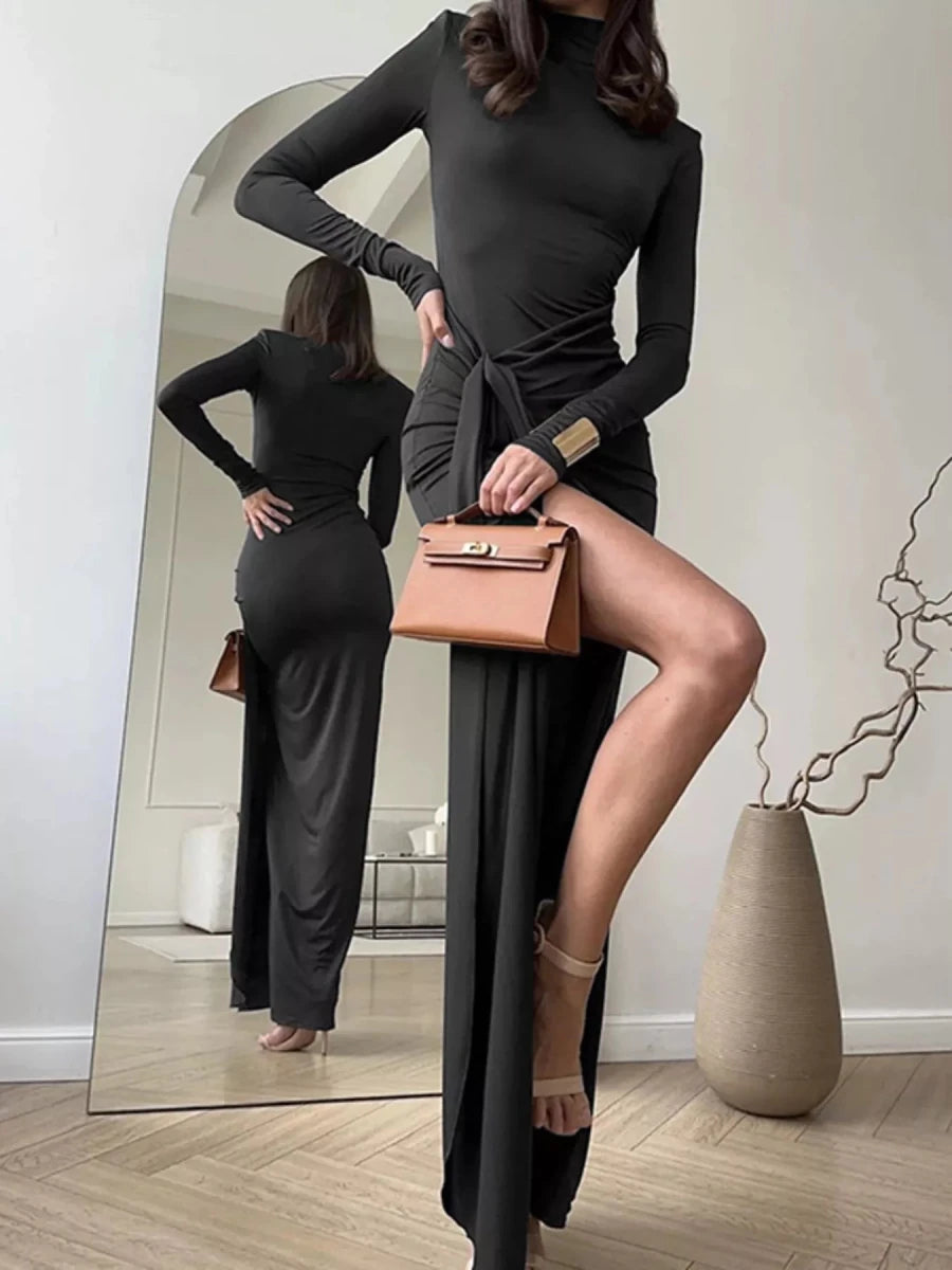 Turtleneck Slit Maxi Dress - 