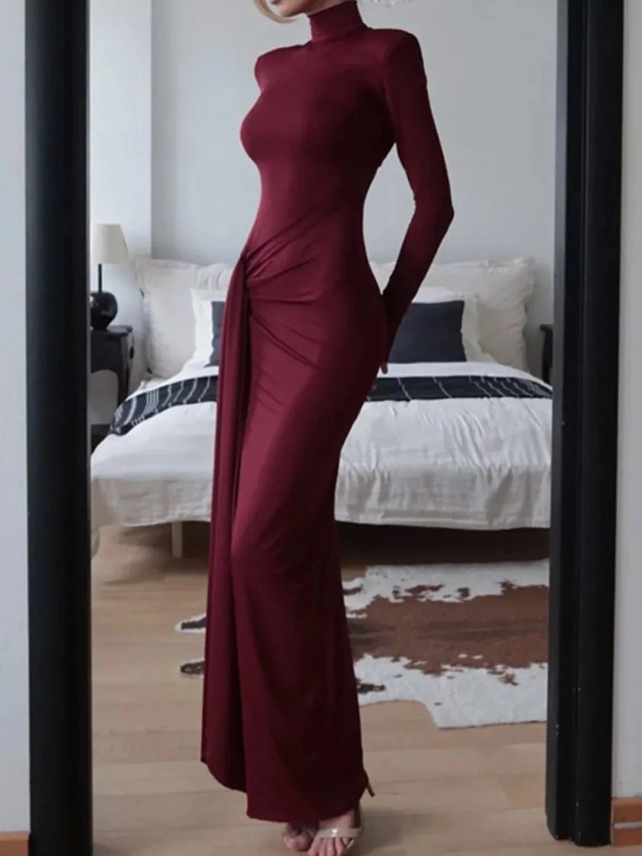 Turtleneck Slit Maxi Dress - 