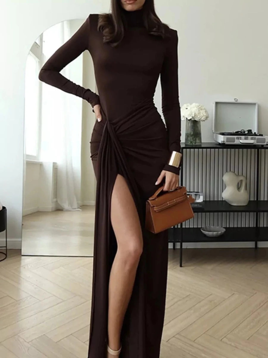 Turtleneck Slit Maxi Dress - 