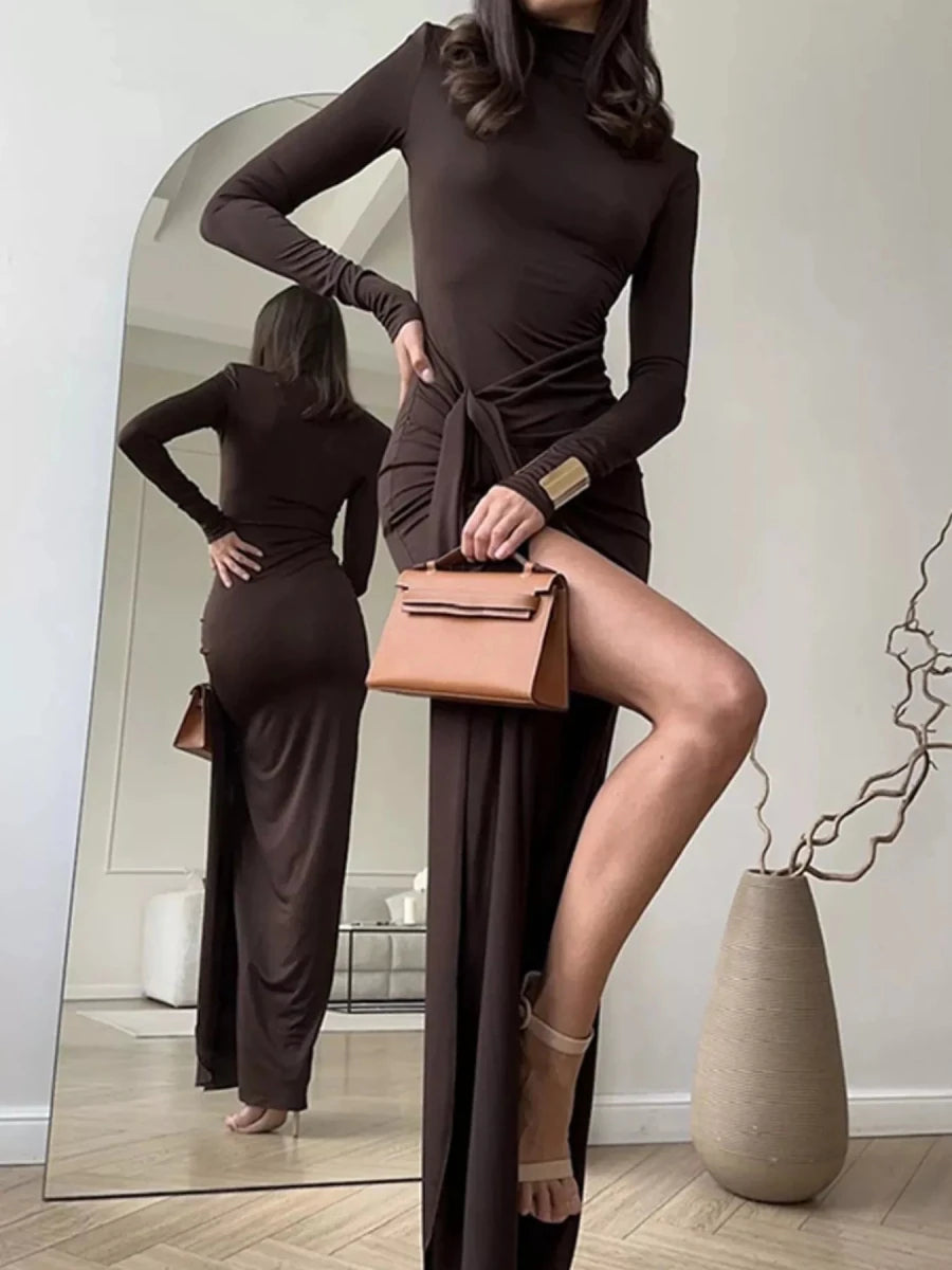 Turtleneck Slit Maxi Dress - 