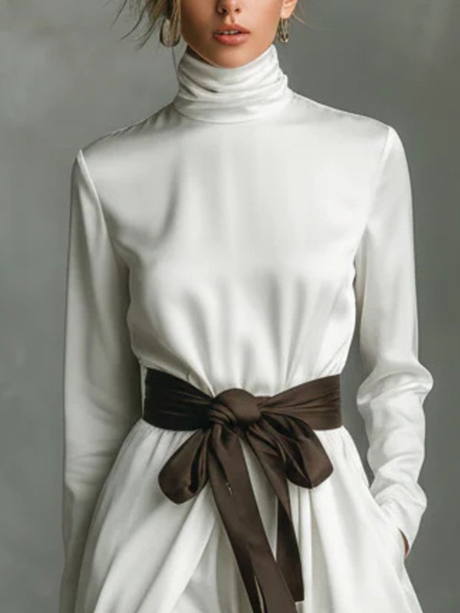 Turtleneck Tie Waist Midi Dress - 