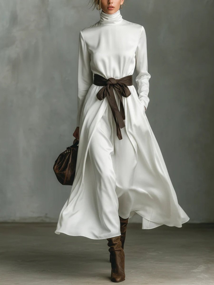 Turtleneck Tie Waist Midi Dress - 